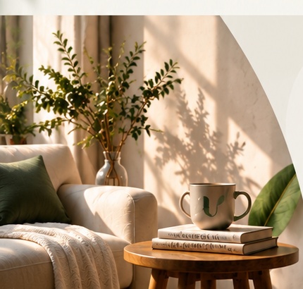 Warm, calm room with plants and a reading chair